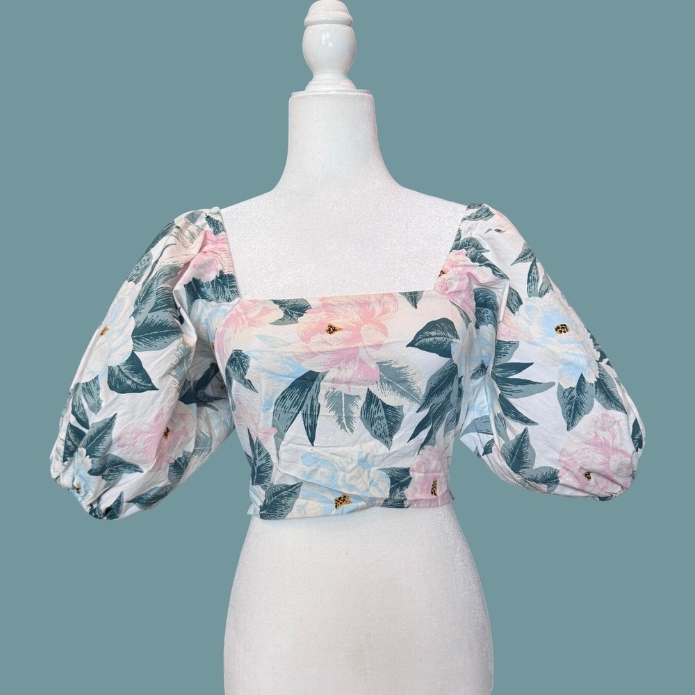 BILLABONG Salty Blonde Back In Town Top M Multicolor Floral Puff Sleeve
